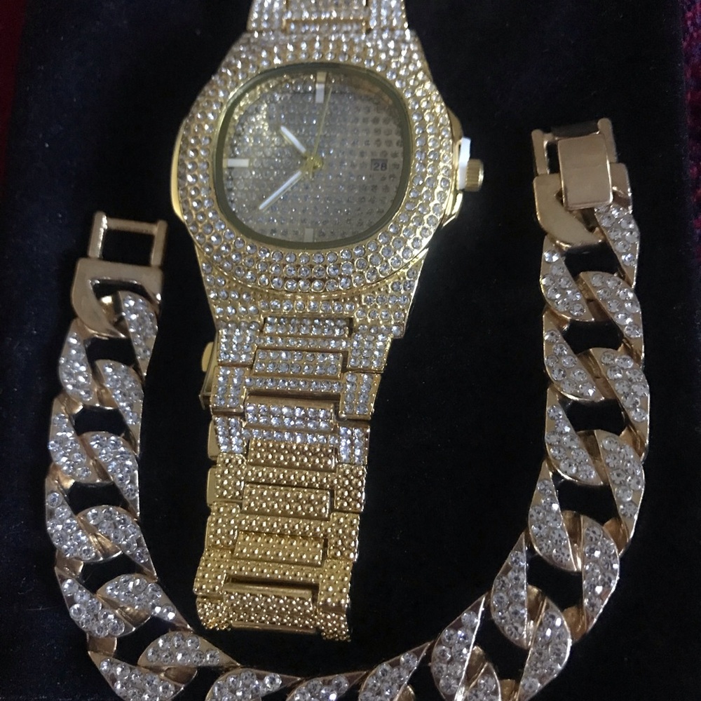 Gold Crystal Men's Watch and Cuban Style Bracelet Set